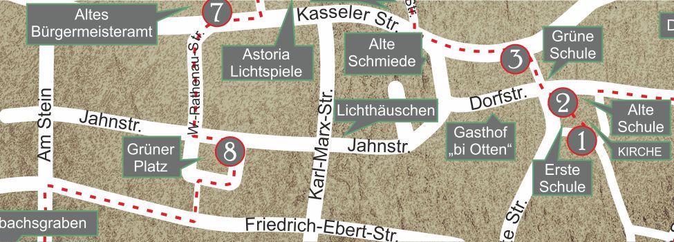 Auf der Rückseite des Platzes öffnet sich ein kleiner Weg zur Friedrich-Ebert-Str., am unteren Ende der rechts liegenden Straße Am Stein gibt es das nächste Schild zu bestaunen. Auf der Rückseite des Platzes öffnet sich ein kleiner Weg zur Friedrich-Ebert-Str., am unteren Ende der rechts liegenden Straße Am Stein gibt es das nächste Schild zu bestaunen.